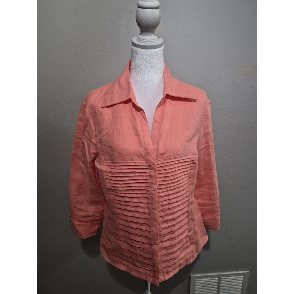 Tracy M Women's Sz L 100% Linen Blouse Peach Button Up Shirt Office Wear Preppy‎
